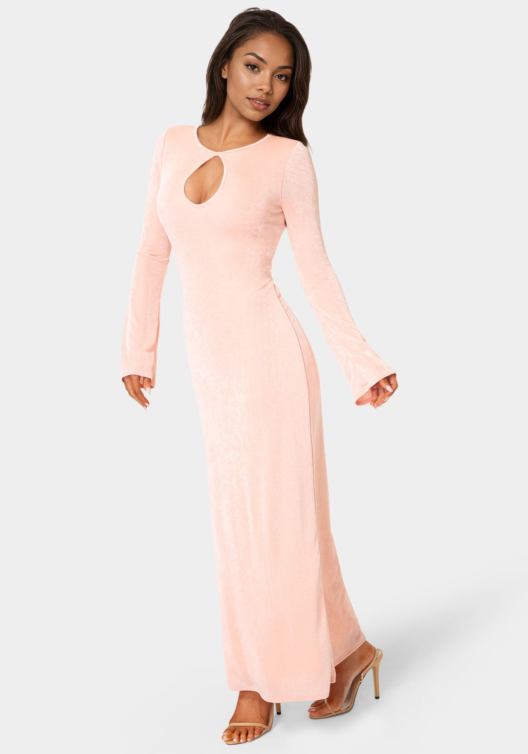 Side View-Long Sleeve Open Neck Slinky Maxi Dress-Rose