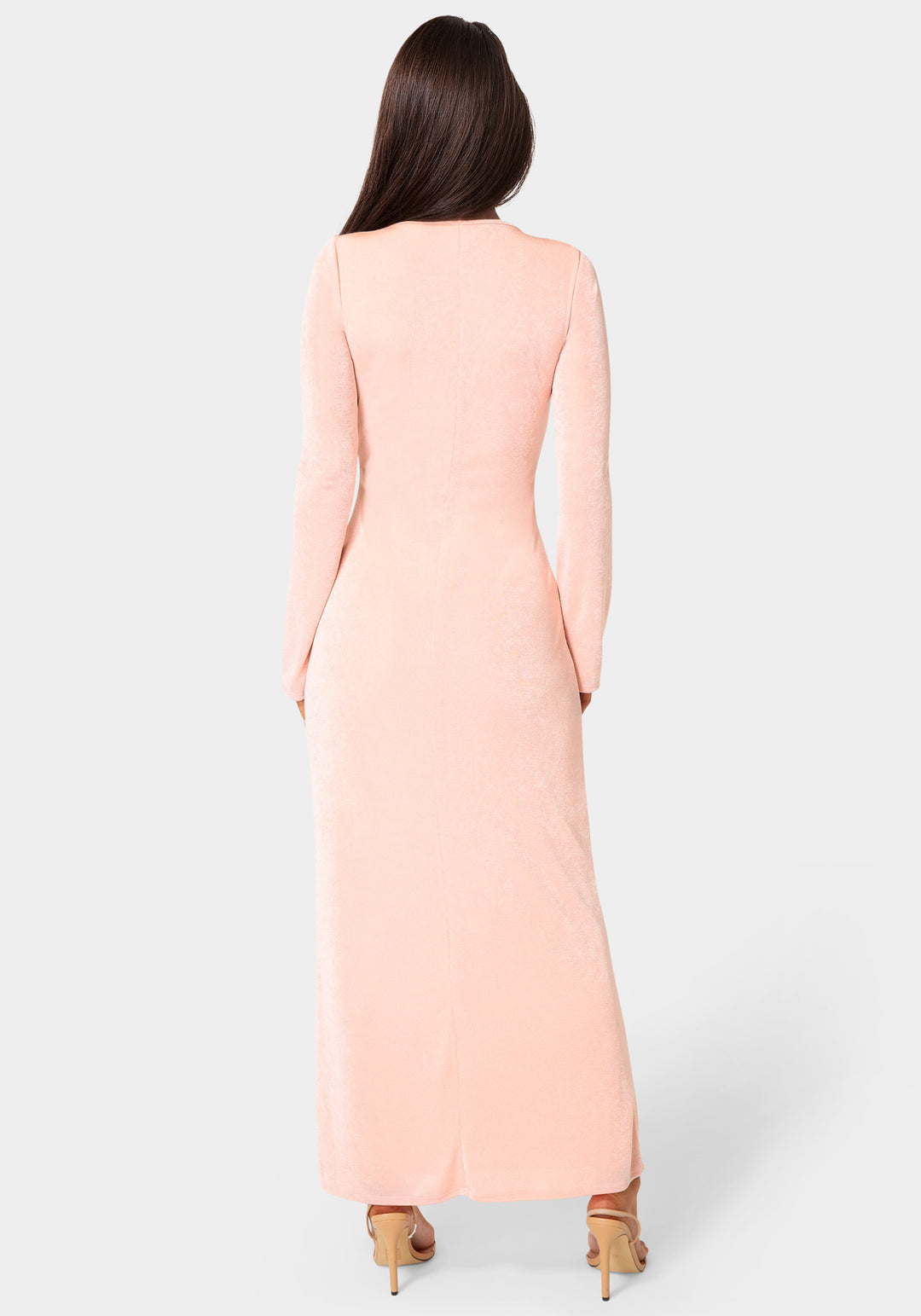 Back View-Long Sleeve Open Neck Slinky Maxi Dress-Rose