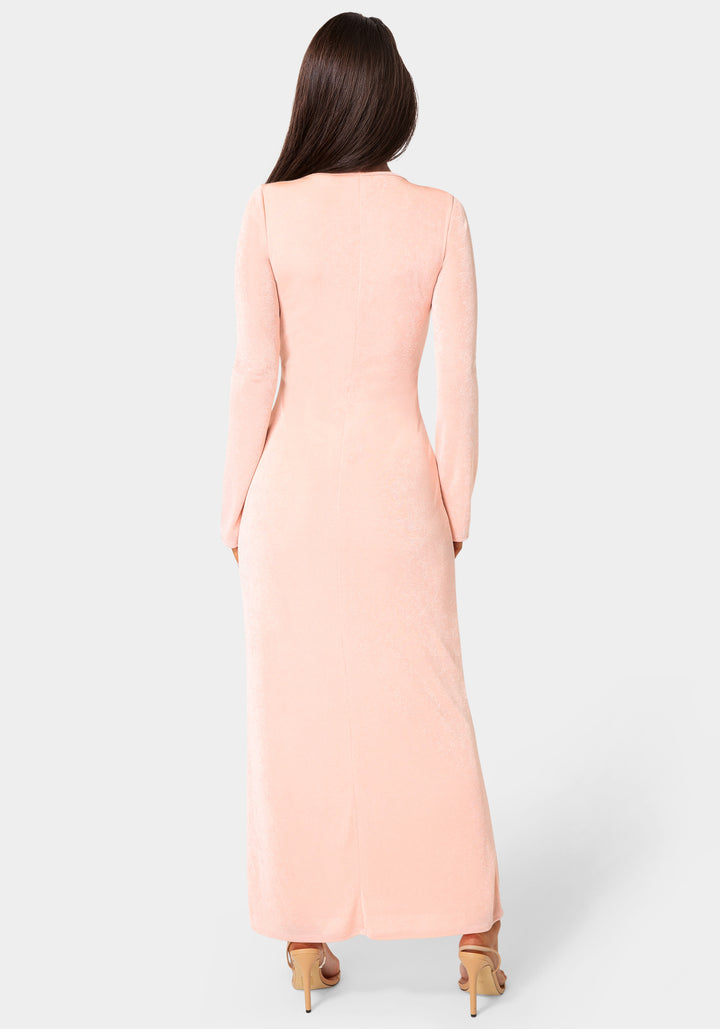 Back View-Long Sleeve Open Neck Slinky Maxi Dress-Rose