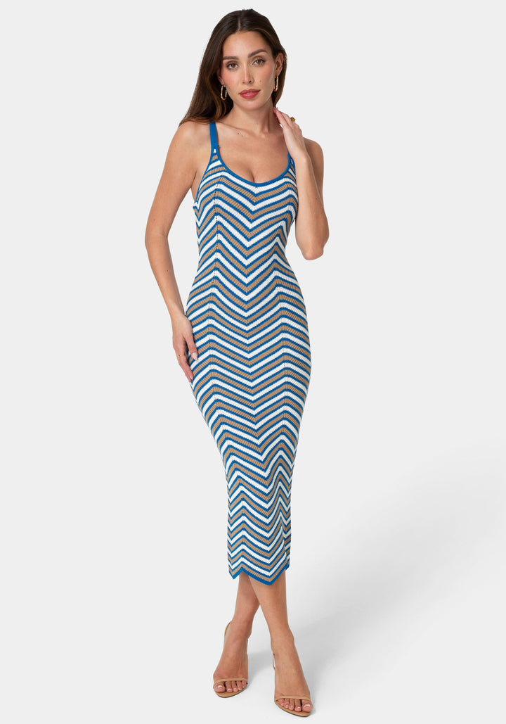 Front View-Chevron Crochet Midi Dress-Blue/Multi