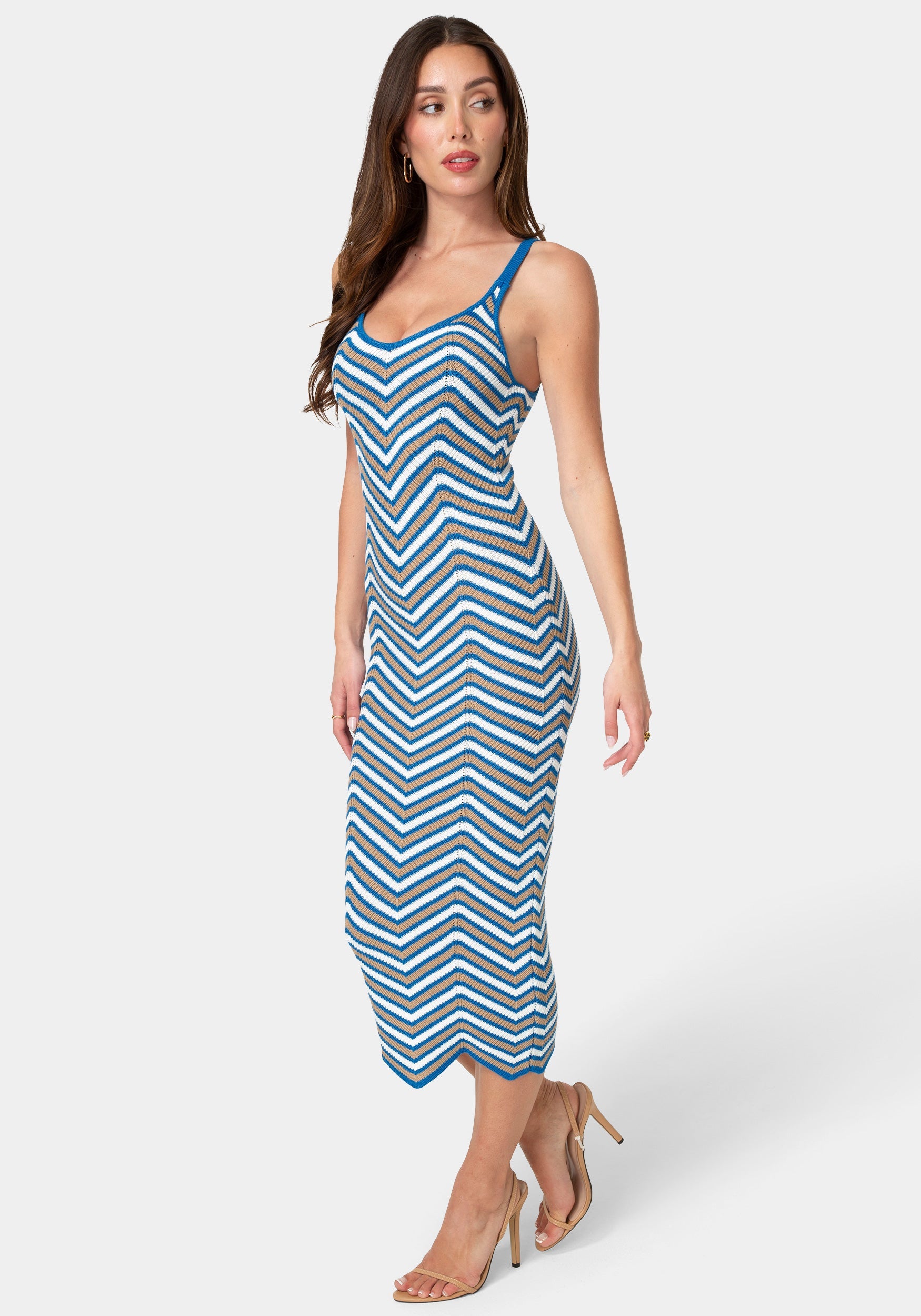 chevron midi dress Soft Escape Knit Chevron Print Midi Dress in Blue