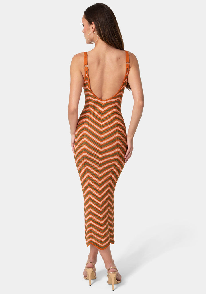 Back View-Chevron Crochet Midi Dress-Pink/Multi