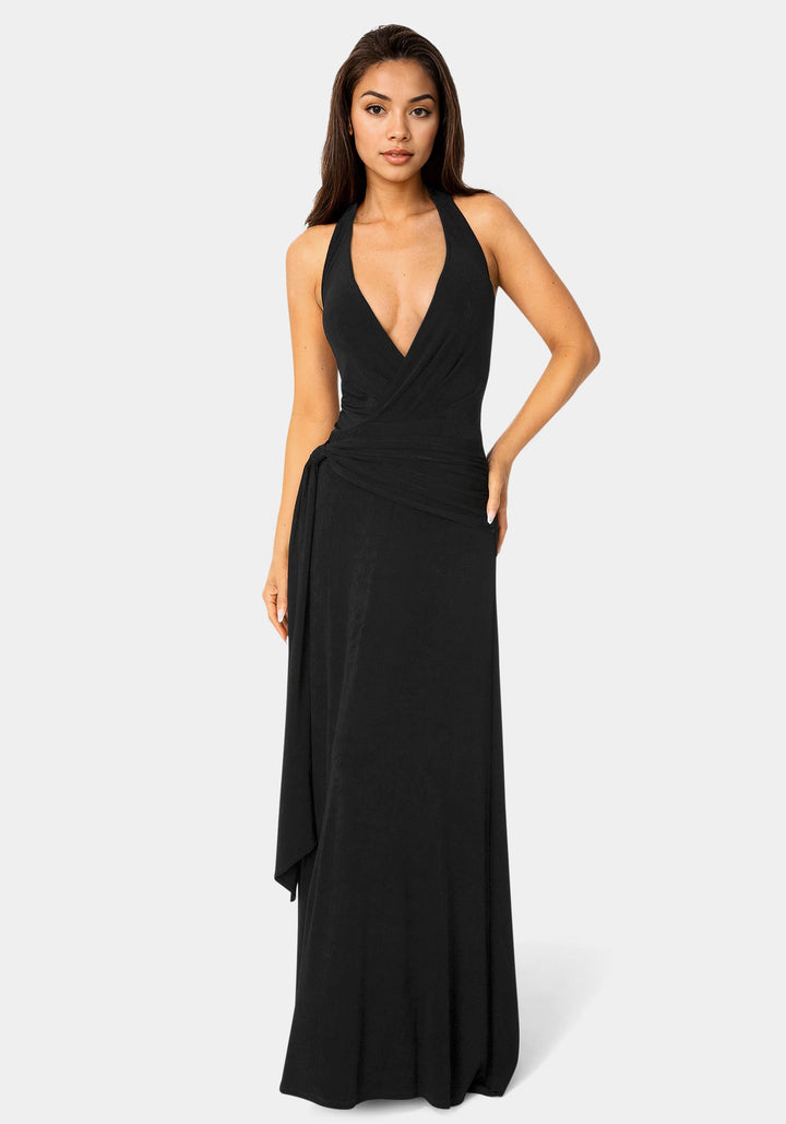 Front View-Wrap Front Plunge Neck Maxi Dress-BLACK