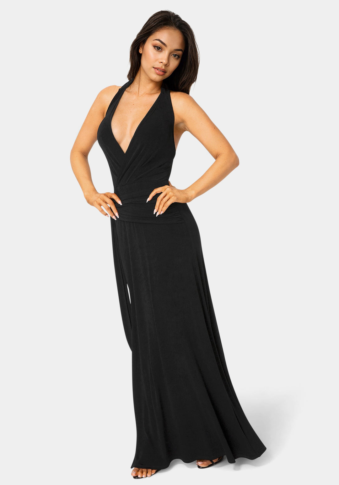 Side View-Wrap Front Plunge Neck Maxi Dress-BLACK