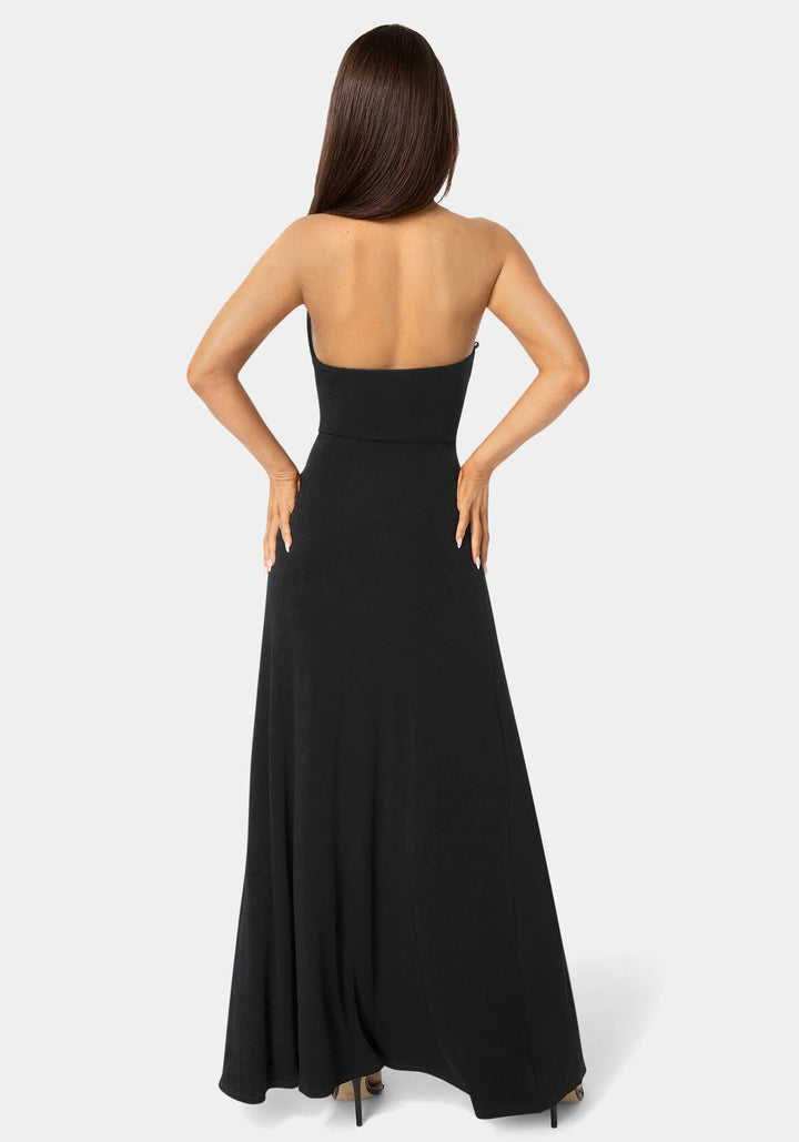 Back View-Wrap Front Plunge Neck Maxi Dress-BLACK