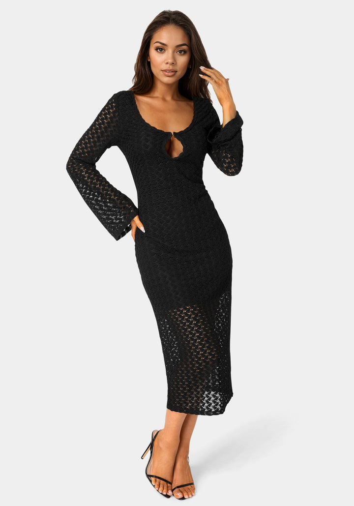 Front View-Long Sleeve Cutout Crochet Maxi Dress-BLACK