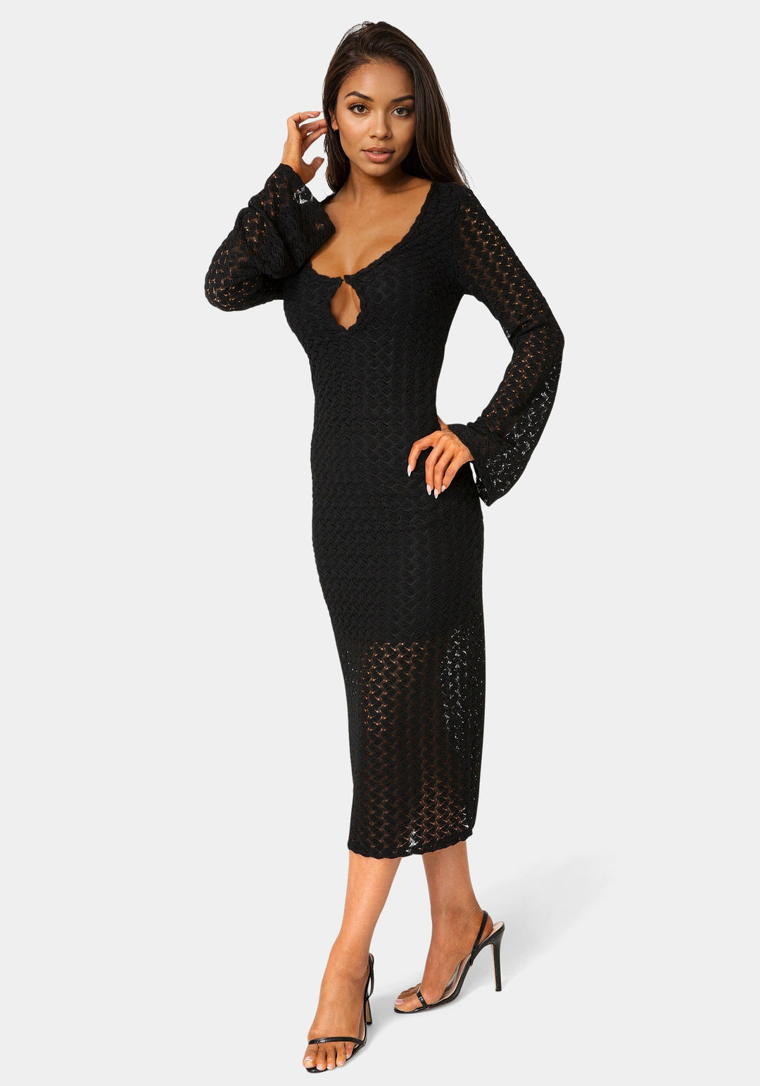 Side View-Long Sleeve Cutout Crochet Maxi Dress-BLACK