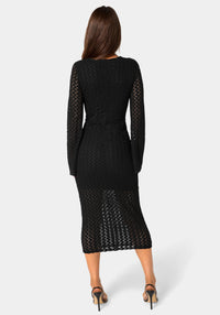 Back View-Long Sleeve Cutout Crochet Maxi Dress-BLACK