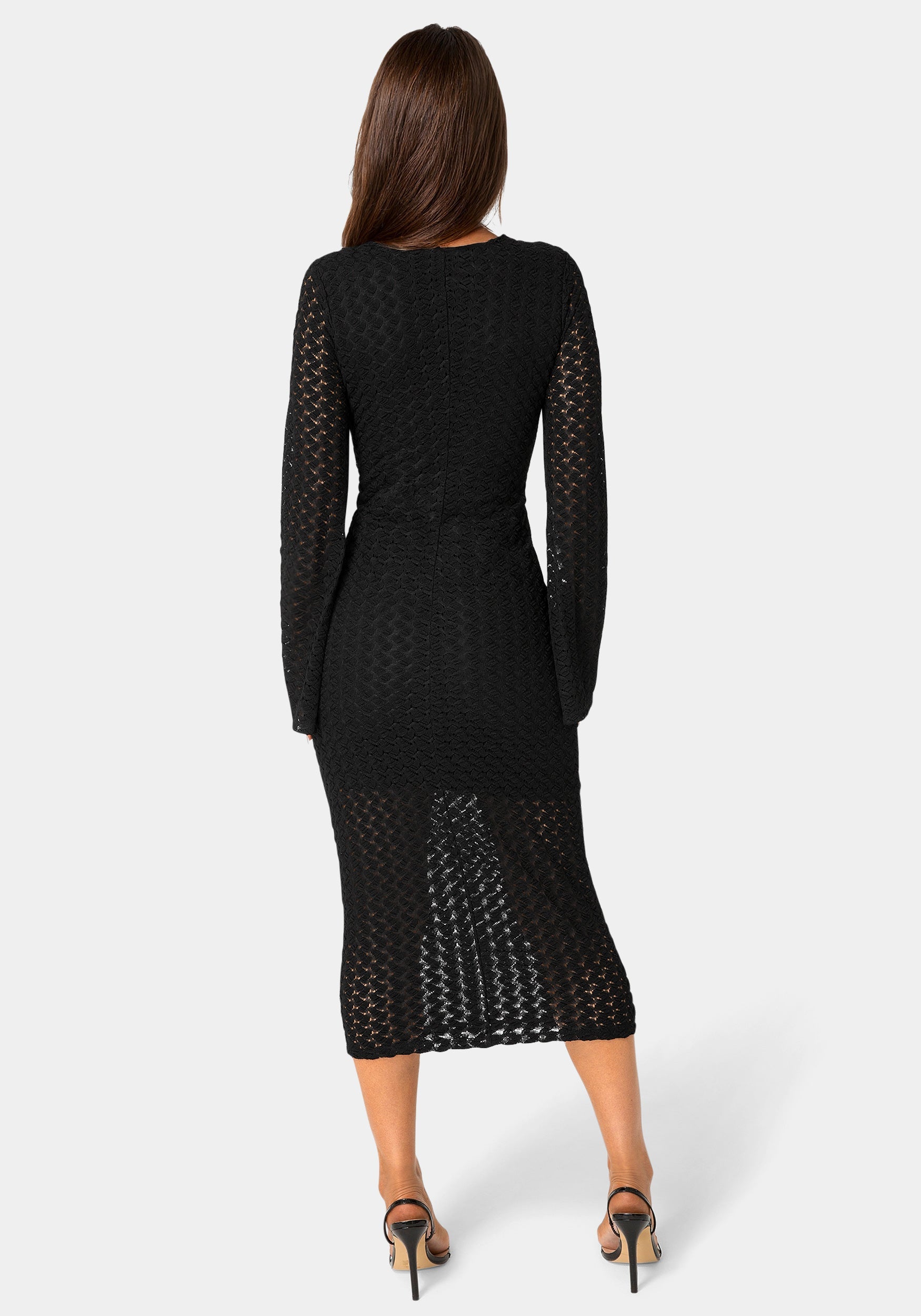 Back View-Long Sleeve Cutout Crochet Maxi Dress-BLACK
