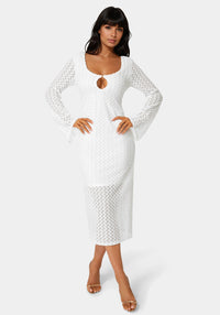 Front View-Long Sleeve Cutout Crochet Maxi Dress-WHITE