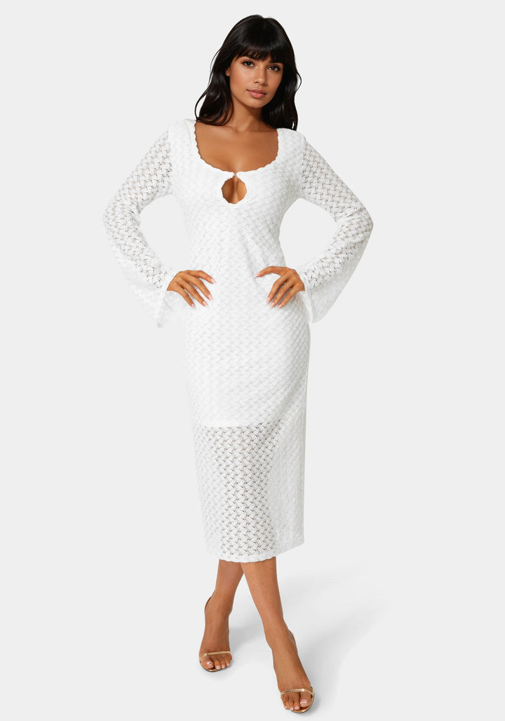 Front View-Long Sleeve Cutout Crochet Maxi Dress-WHITE