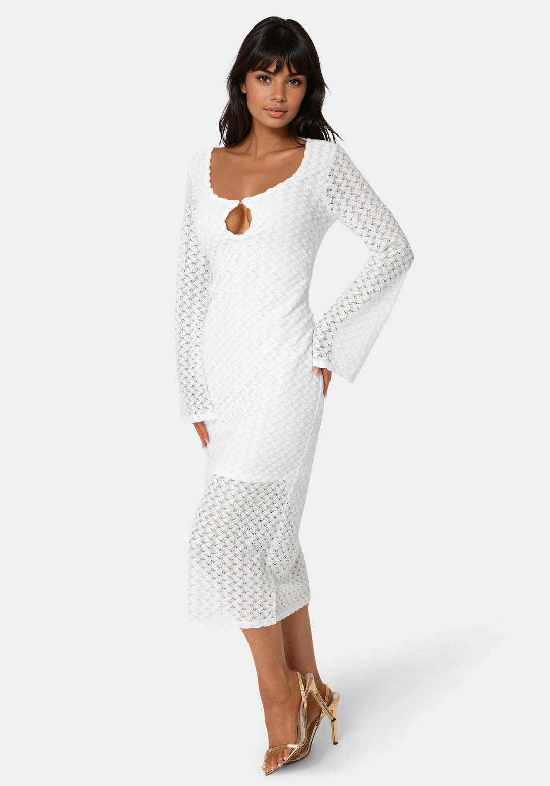 Side View-Long Sleeve Cutout Crochet Maxi Dress-WHITE