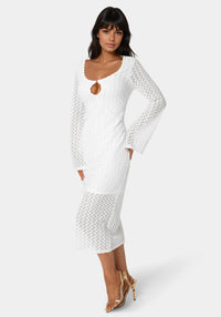 Side View-Long Sleeve Cutout Crochet Maxi Dress-WHITE