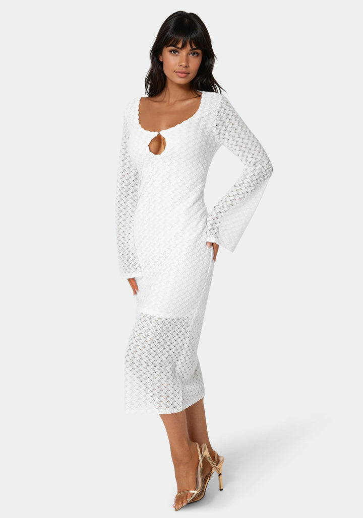 Side View-Long Sleeve Cutout Crochet Maxi Dress-WHITE