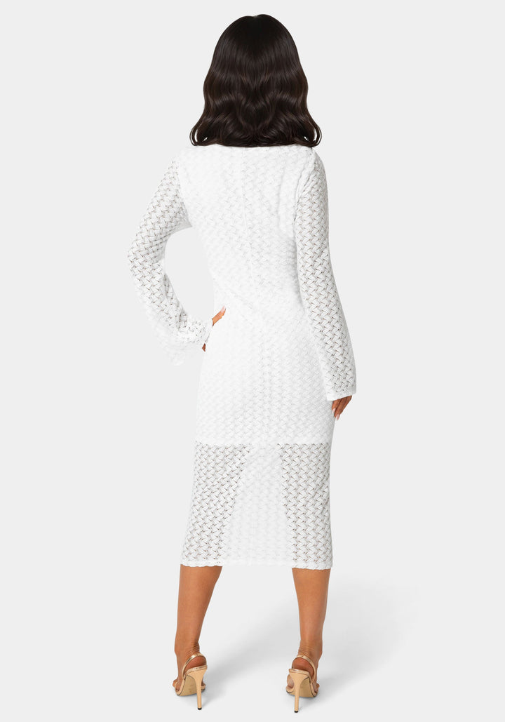Back View-Long Sleeve Cutout Crochet Maxi Dress-WHITE