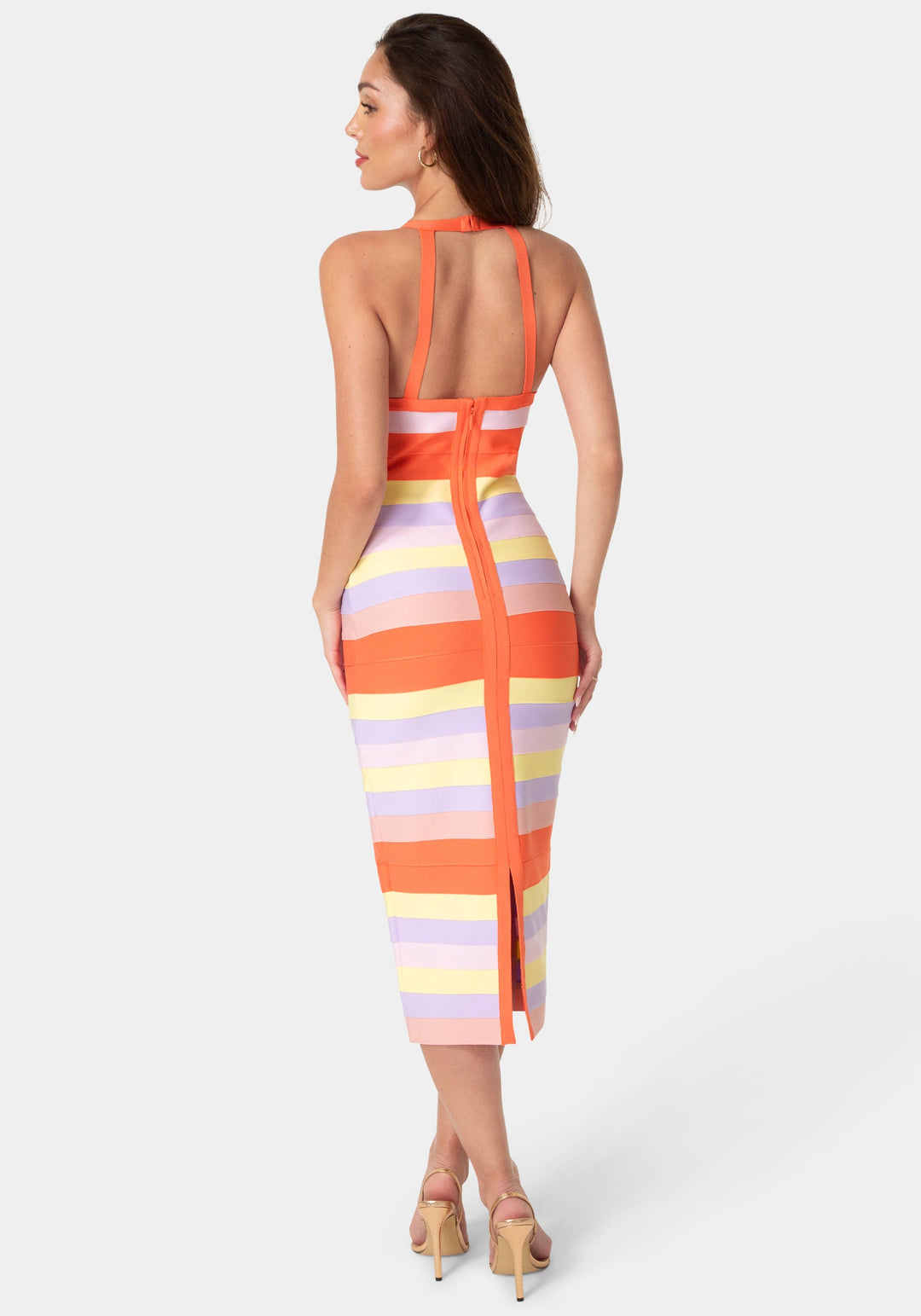Back View-Colorful Striped Bandage Midi Dress-Pink Multi