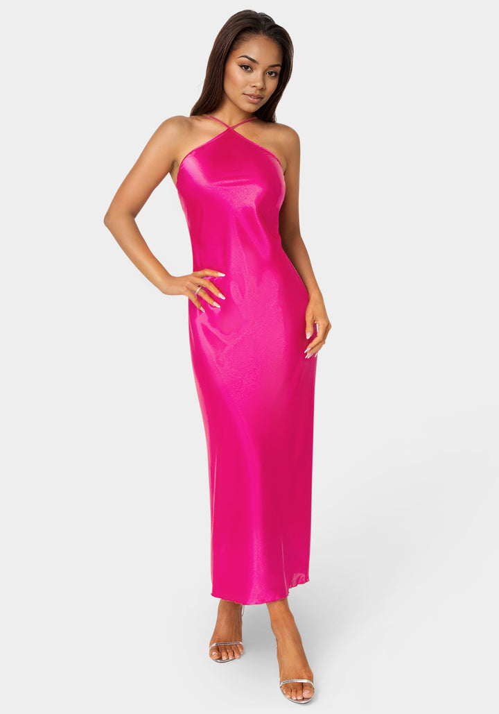 Front View-Halter Neck Satin Gown-FUCHSIA