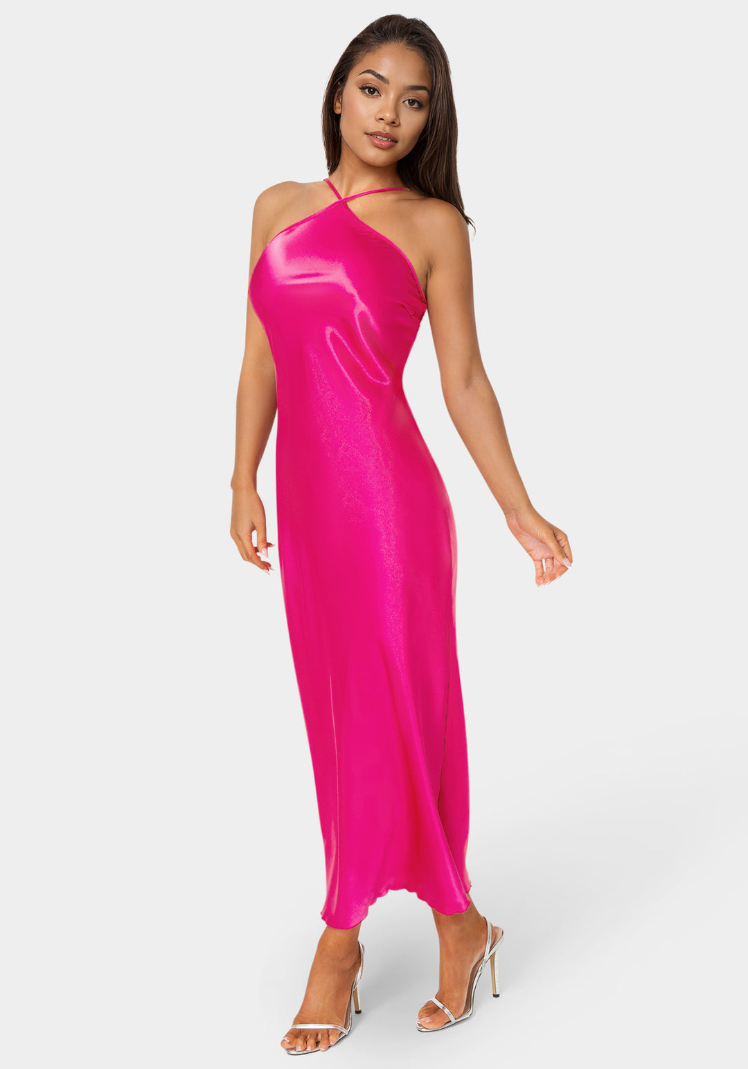 Side View-Halter Neck Satin Gown-FUCHSIA