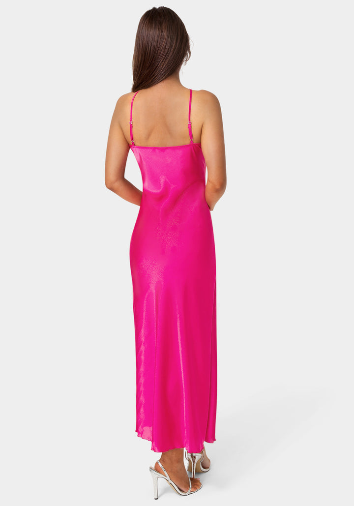 Back View-Halter Neck Satin Gown-FUCHSIA