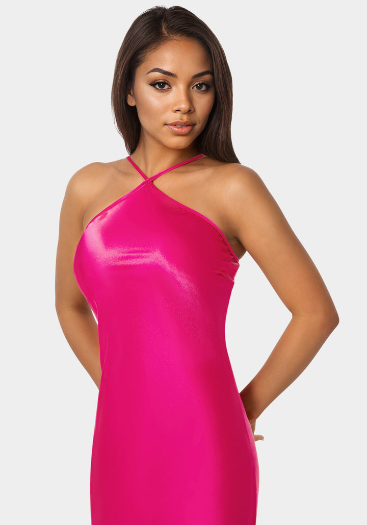 Other View-Halter Neck Satin Gown-FUCHSIA