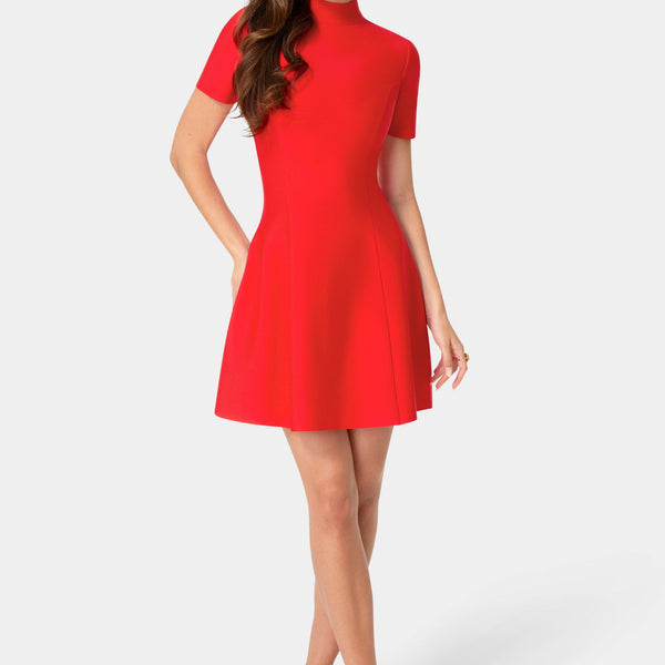 Front View-Fit and Flare Short Sleeve Bandage Dress-Red