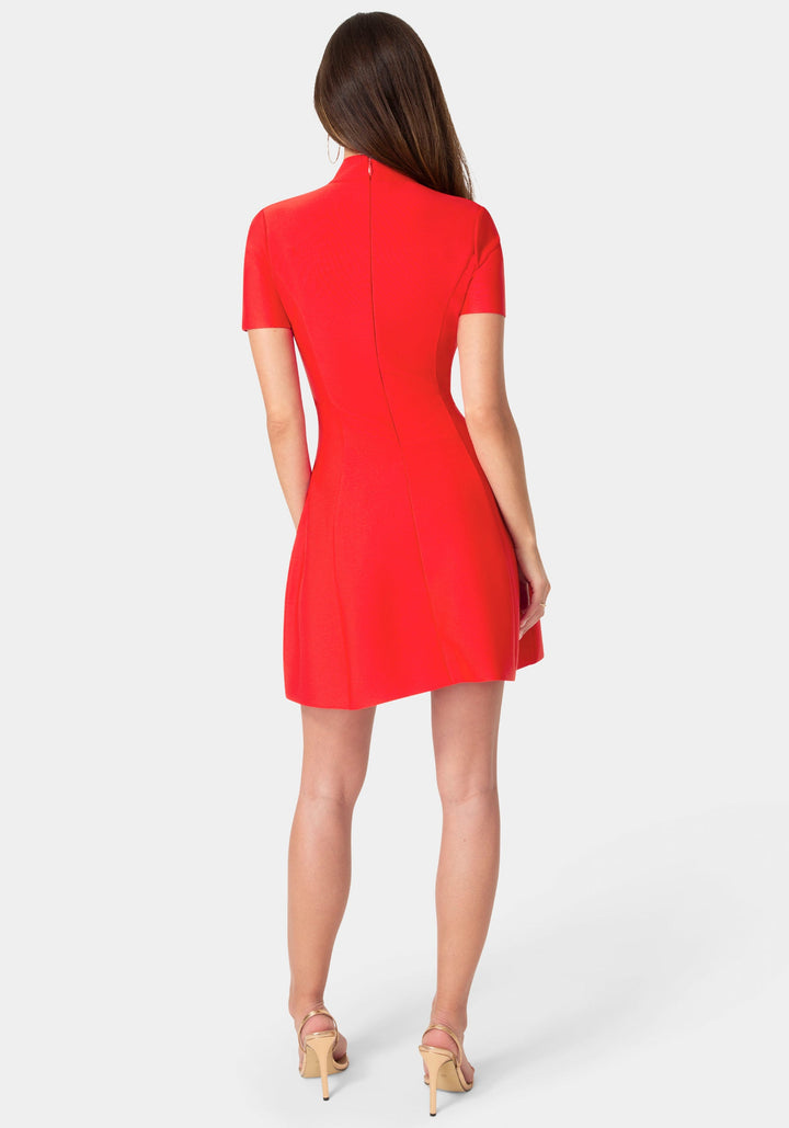 Back View-Fit and Flare Short Sleeve Bandage Dress-Red