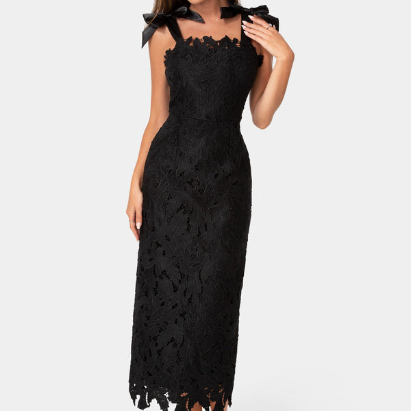 Front View-Bow Strap Lace Midaxi Dress-Black