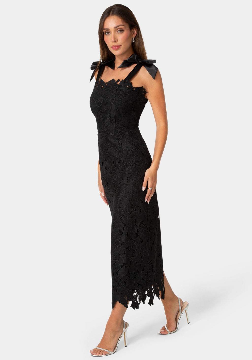 Side View-Bow Strap Lace Midaxi Dress-Black