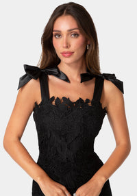 Detail View-Bow Strap Lace Midaxi Dress-Black