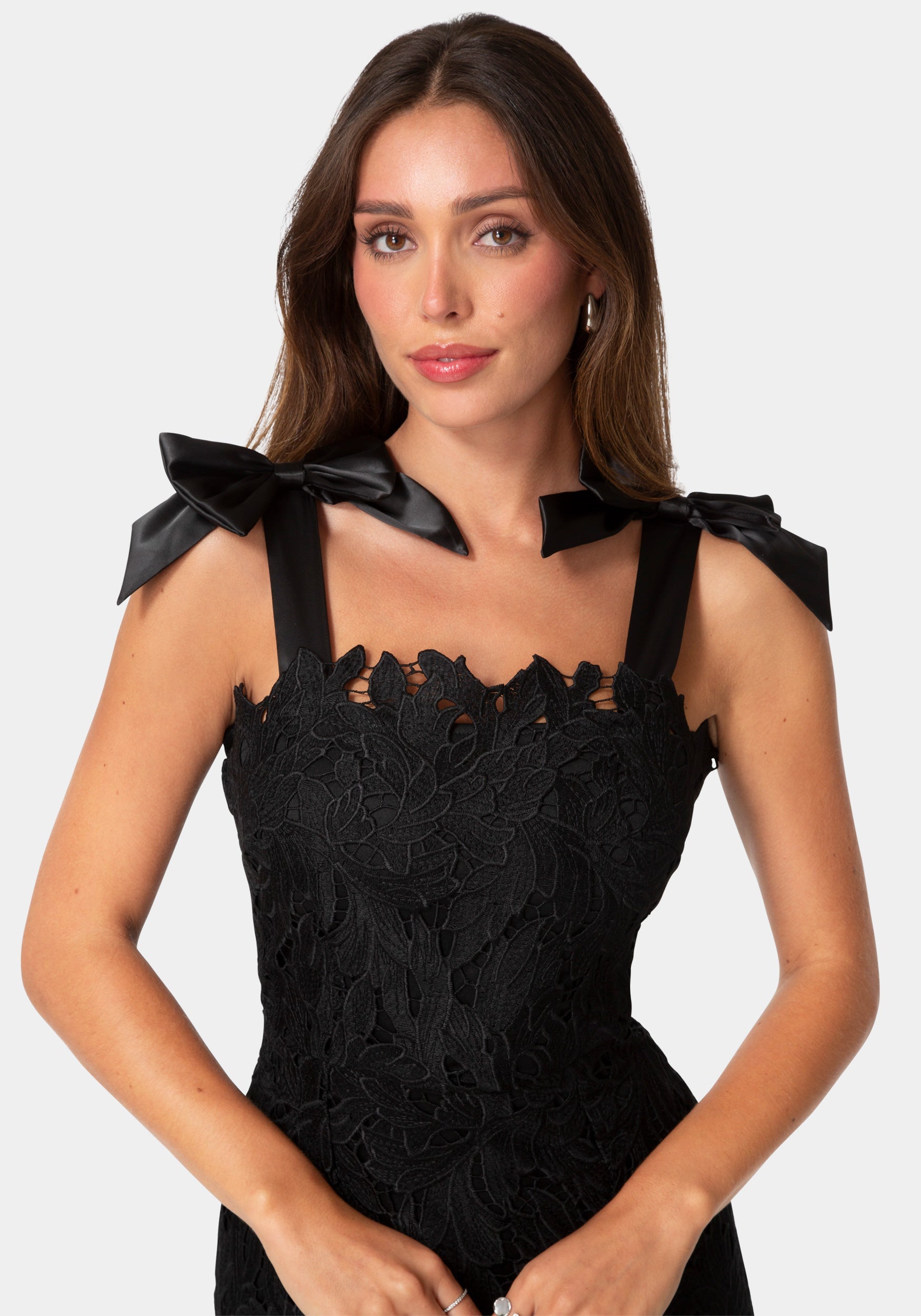 Detail View-Bow Strap Lace Midaxi Dress-Black