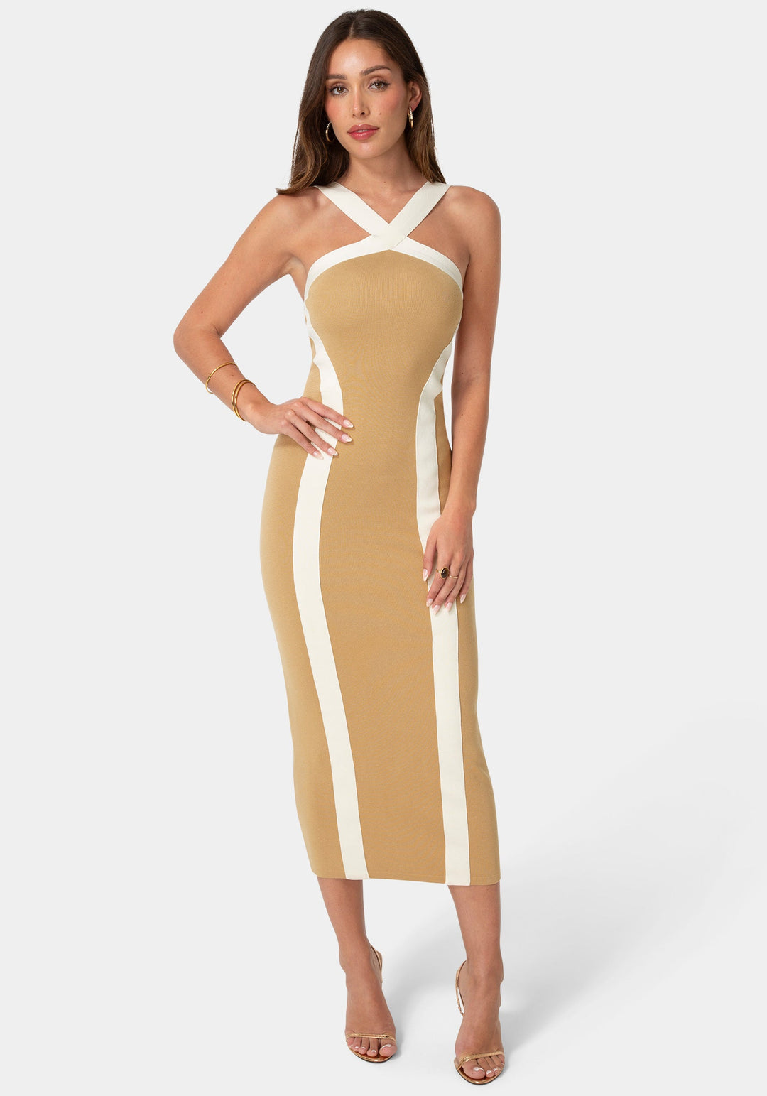 Front View-Sweater Contrast Halter Maxi Dress-Tan/White