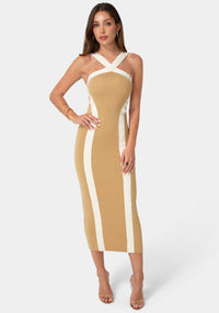 Front View-Sweater Contrast Halter Maxi Dress-Tan/White