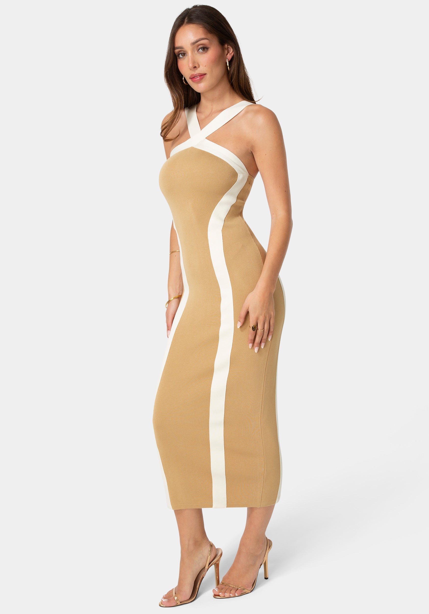 Side View-Sweater Contrast Halter Maxi Dress-Tan/White