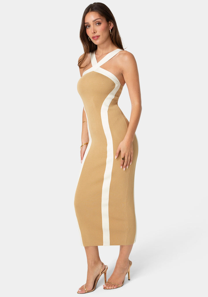 Side View-Sweater Contrast Halter Maxi Dress-Tan/White