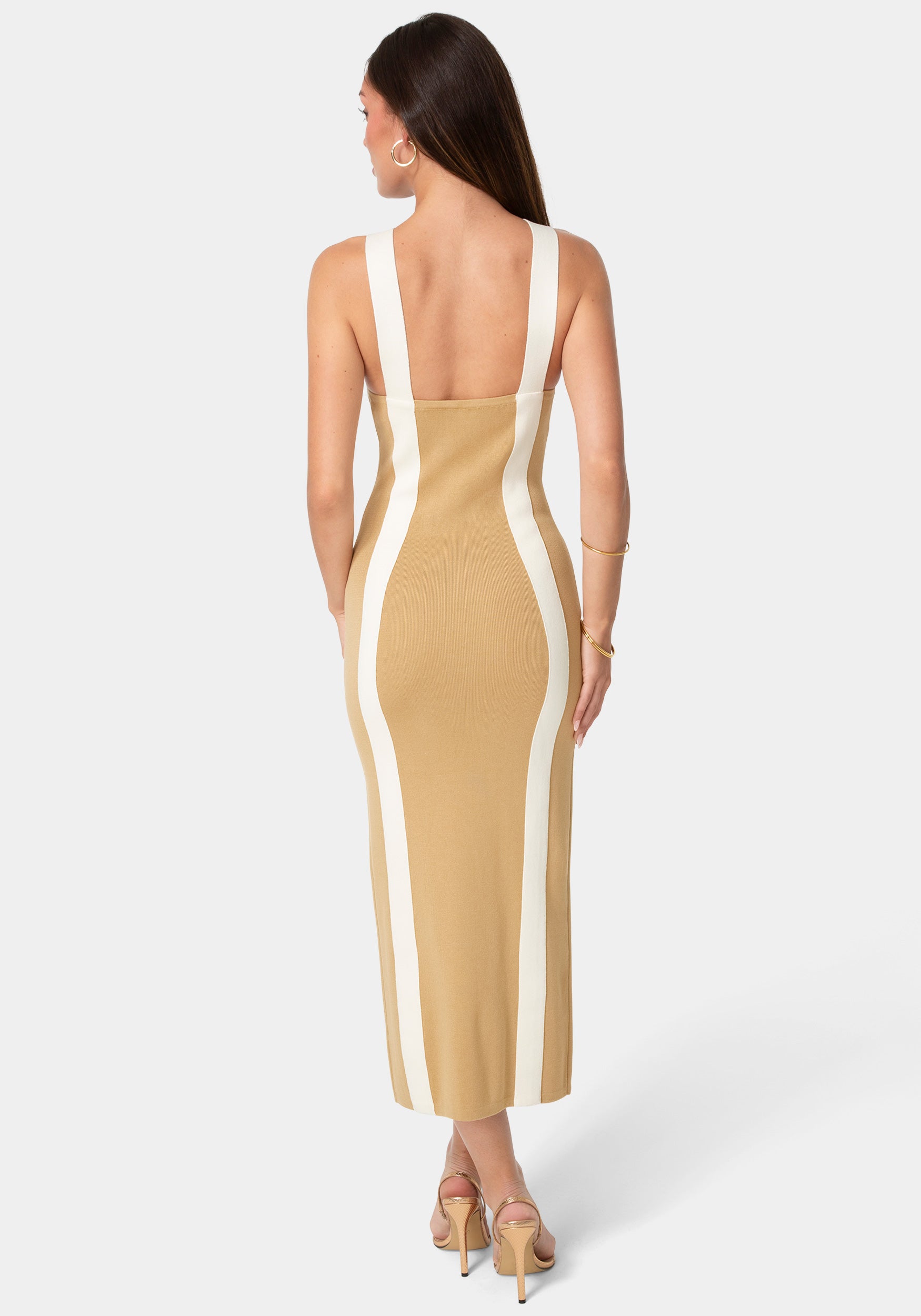 Back View-Sweater Contrast Halter Maxi Dress-Tan/White