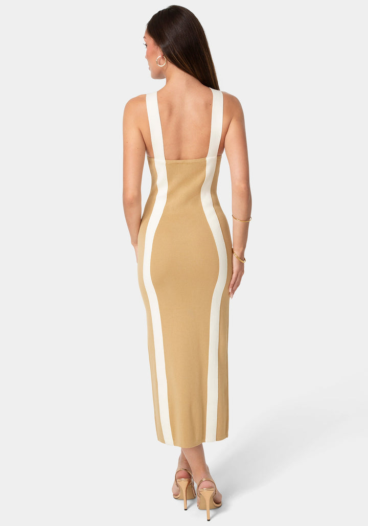 Back View-Sweater Contrast Halter Maxi Dress-Tan/White