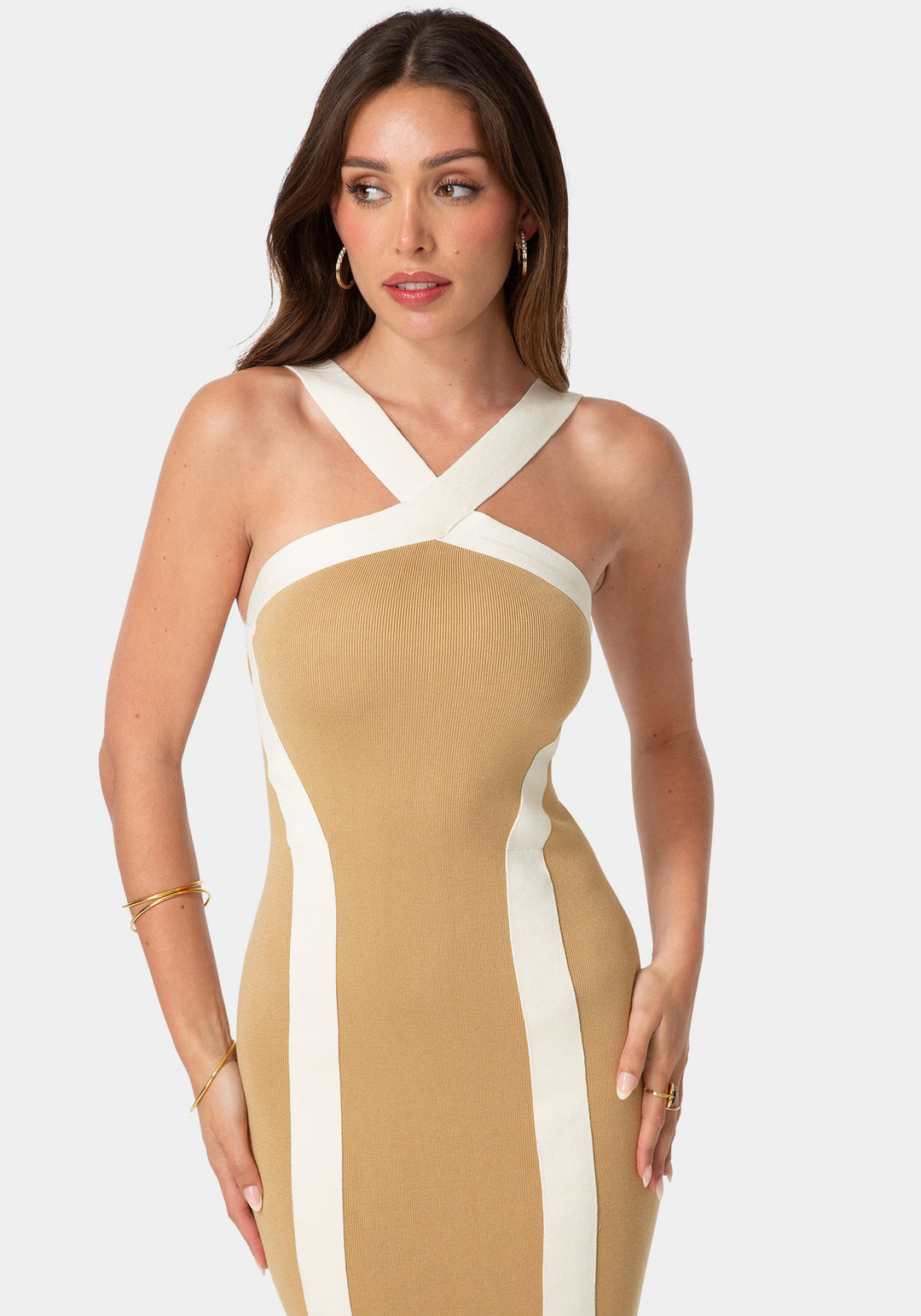 Other View-Sweater Contrast Halter Maxi Dress-Tan/White