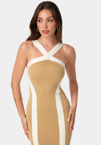 Other View-Sweater Contrast Halter Maxi Dress-Tan/White
