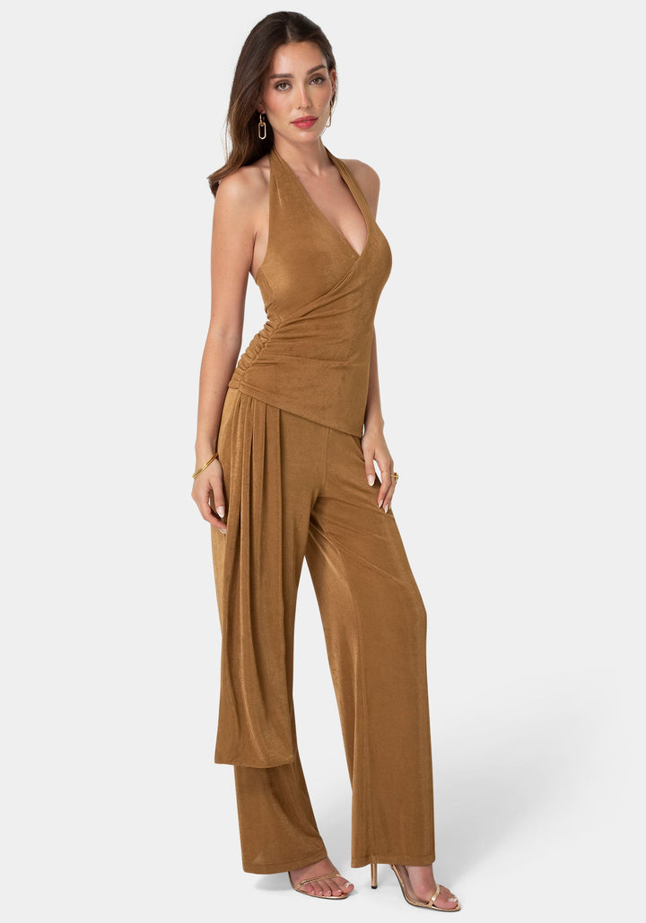 Side View-Slinky Drop Waist Halter Jumpsuit-Bronze