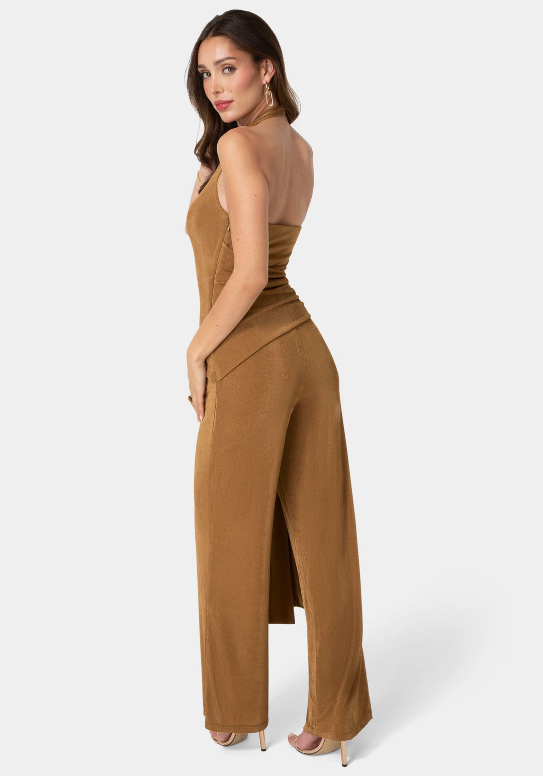 Back View-Slinky Drop Waist Halter Jumpsuit-Bronze