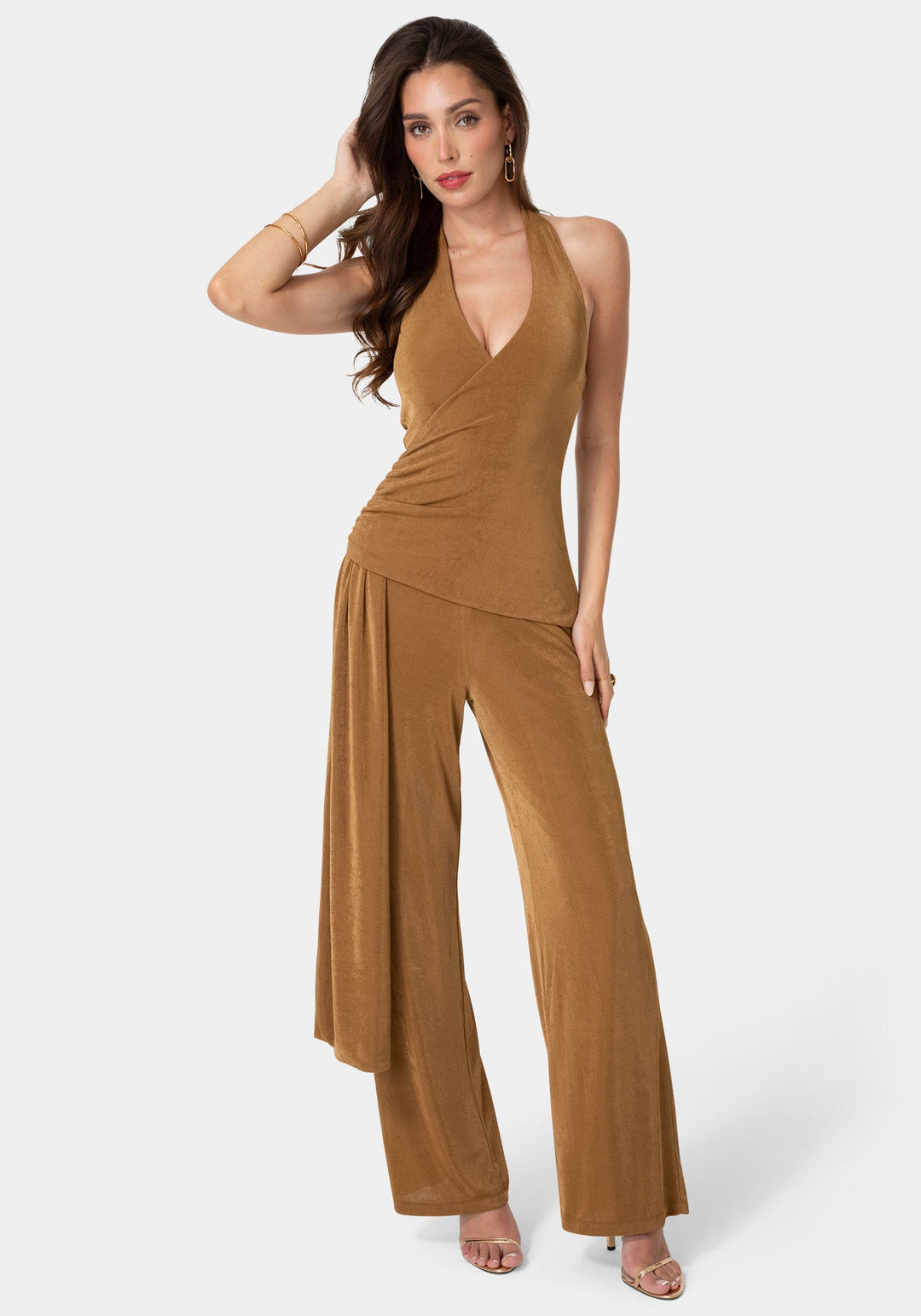 Other View-Slinky Drop Waist Halter Jumpsuit-Bronze