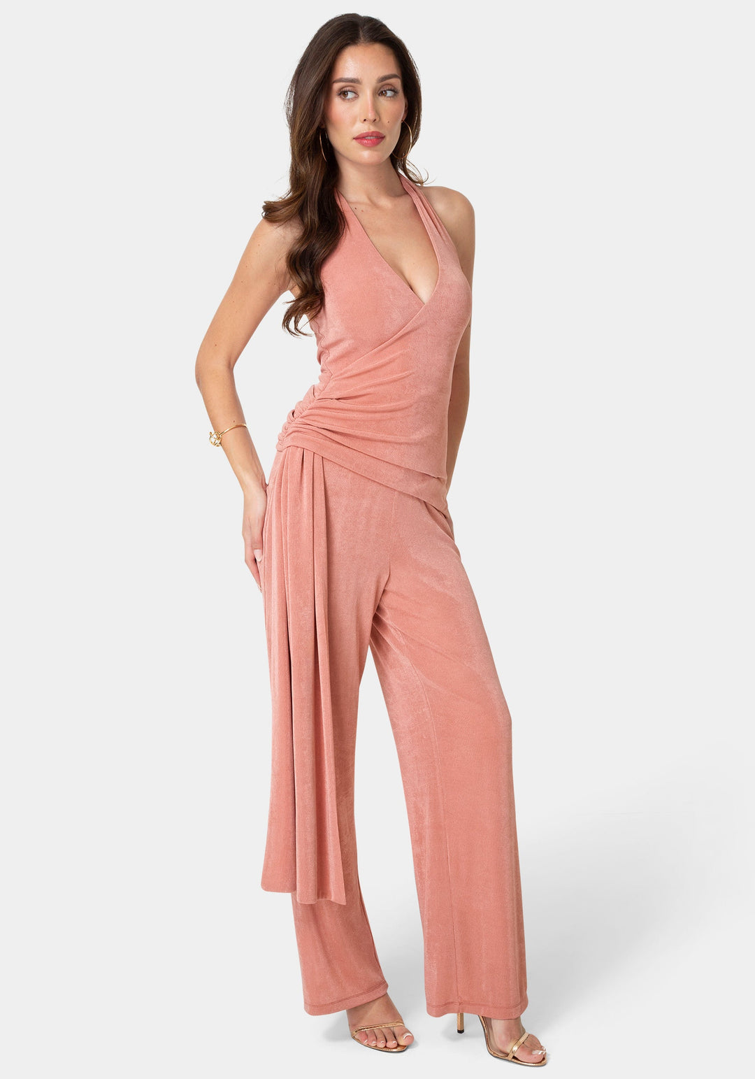 Side View-Slinky Drop Waist Halter Jumpsuit-Rose