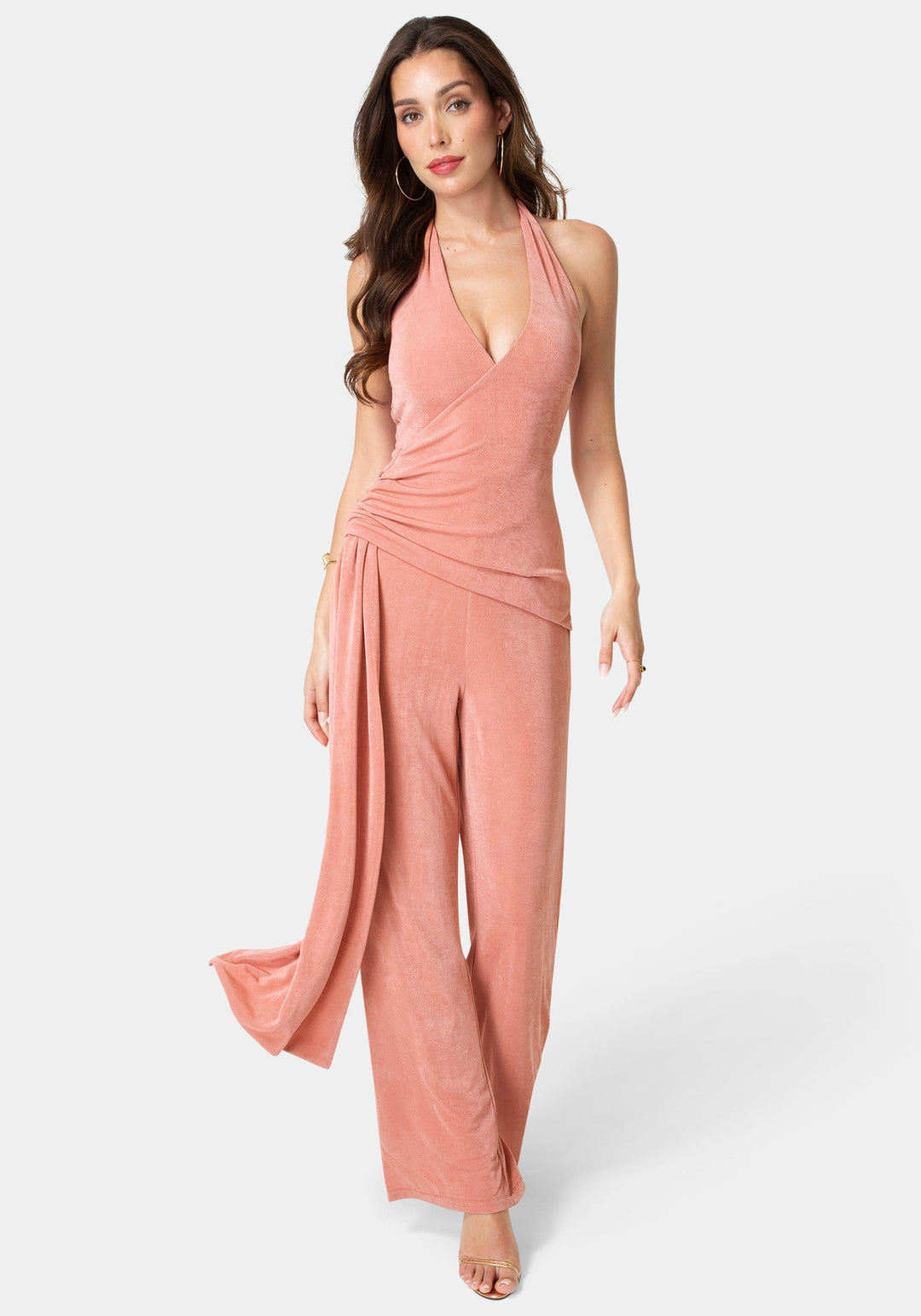 Detail View-Slinky Drop Waist Halter Jumpsuit-Rose