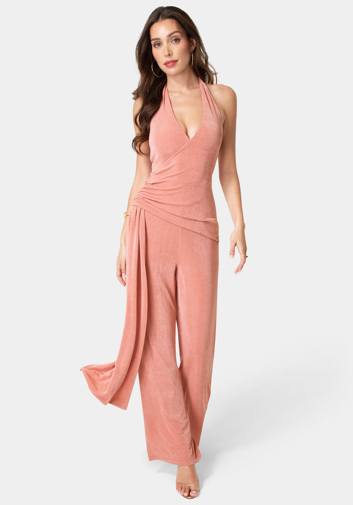 Detail View-Slinky Drop Waist Halter Jumpsuit-Rose