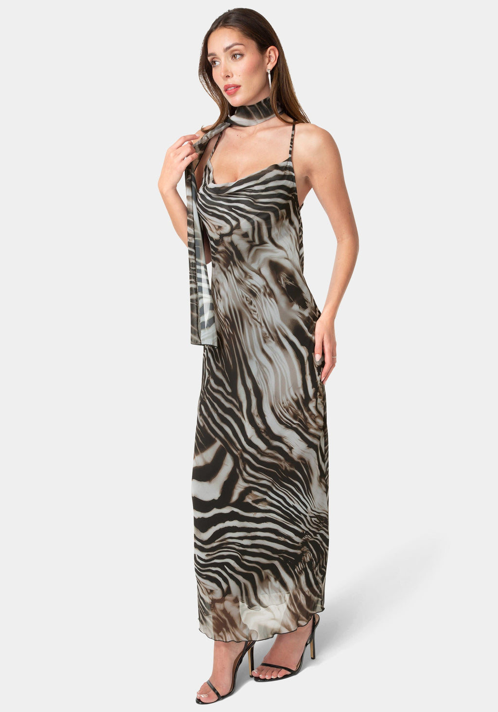 Side View-Printed Chiffon Cowl Maxi Dress-Brown/Multi