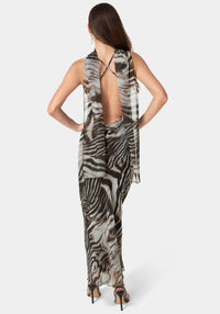 Back View-Printed Chiffon Cowl Maxi Dress-Brown/Multi