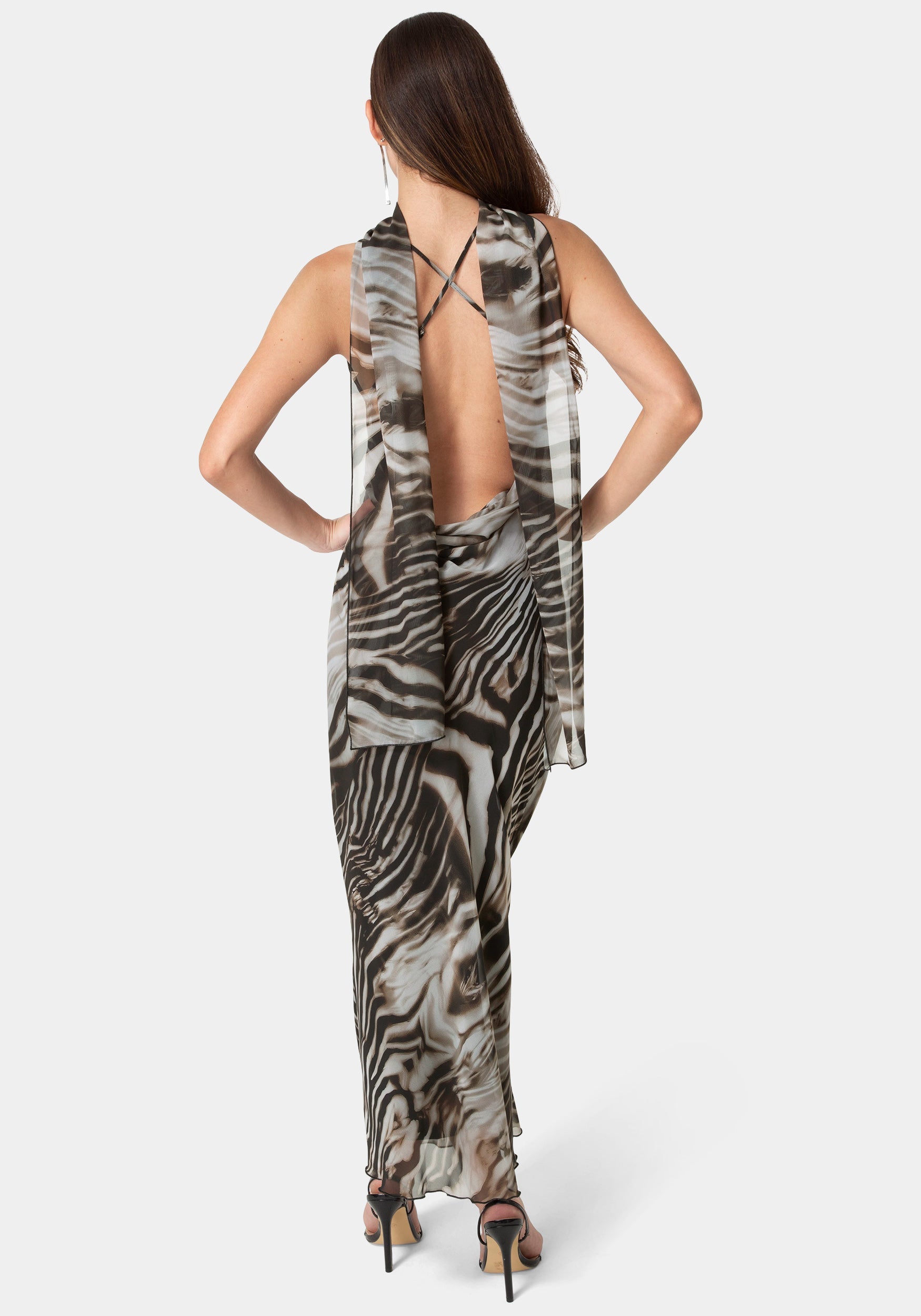 Back View-Printed Chiffon Cowl Maxi Dress-Brown/Multi