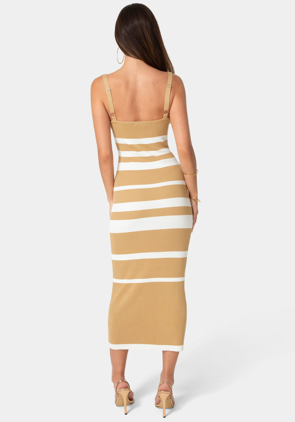 Back View-Rib Stripe Square Neck Midi Dress-Tan/White