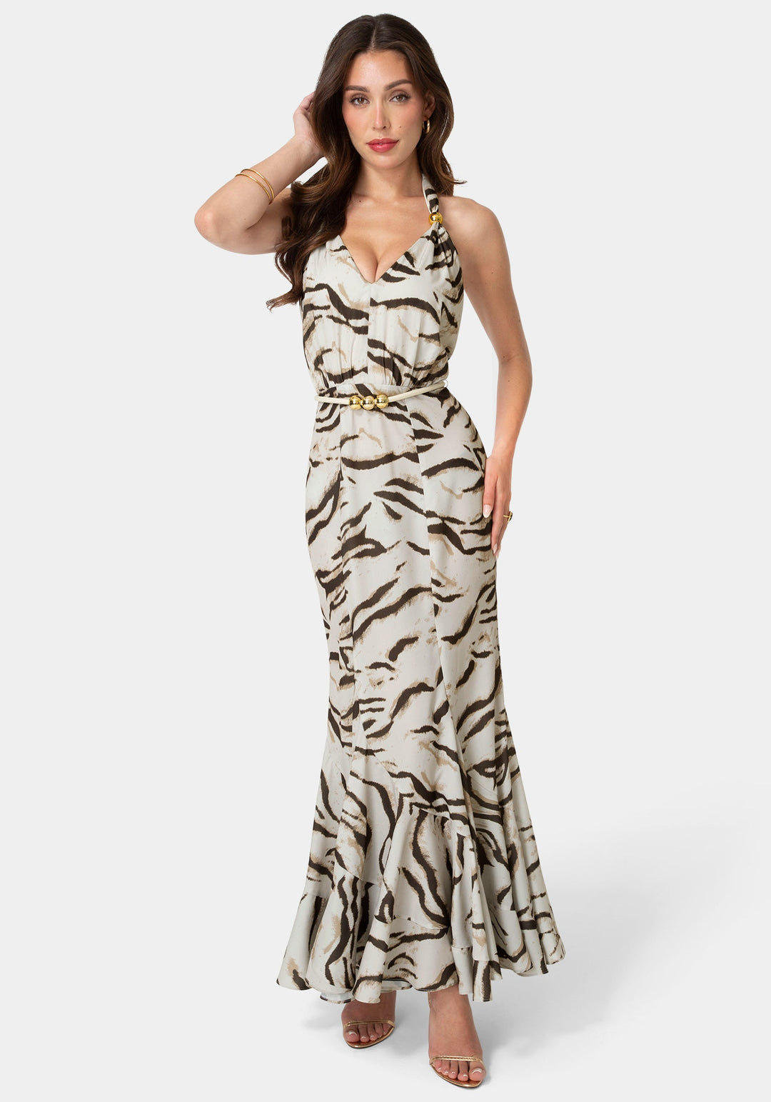 Bebe Women's Printed Halter Flare Maxi Dress, Size XL Polyester Bebe Women's Printed Halter Flare Maxi Dress, Size XL Polyester