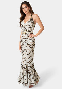 Side View-Printed Halter Flare Maxi Dress-Brown Multi